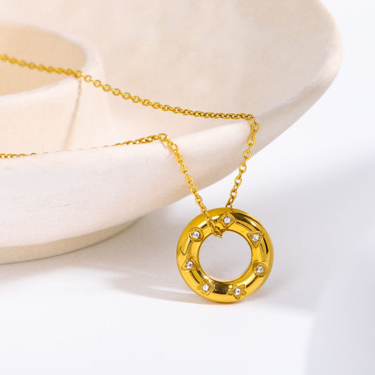18K Gold Inlaid Zircon Stainless Steel Donut Necklace