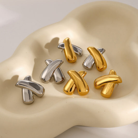 18K Gold Stainless Steel X-Shaped Earrings | Glossy Titanium Steel Ear Studs for Women