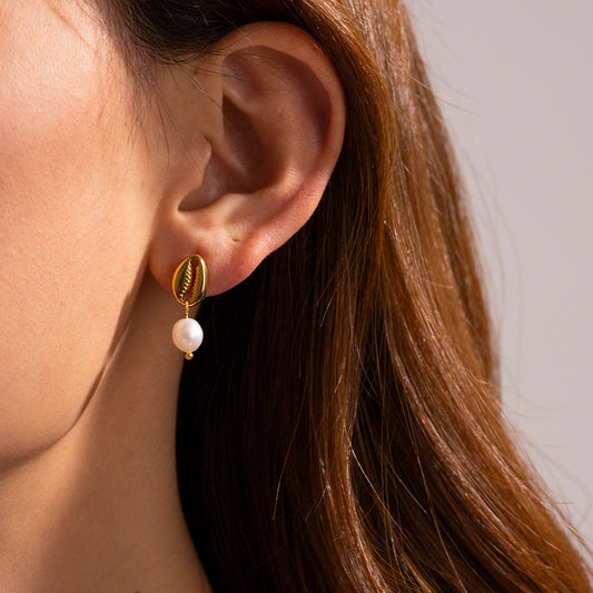 18K Gold Women's Pearl Eardrops Stud Earrings